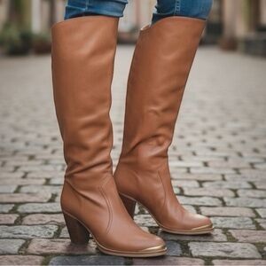 VTG Womens Knee-High SZ 8.5 Boots Brown Tan Leather Made in Brazil NEVER WORN